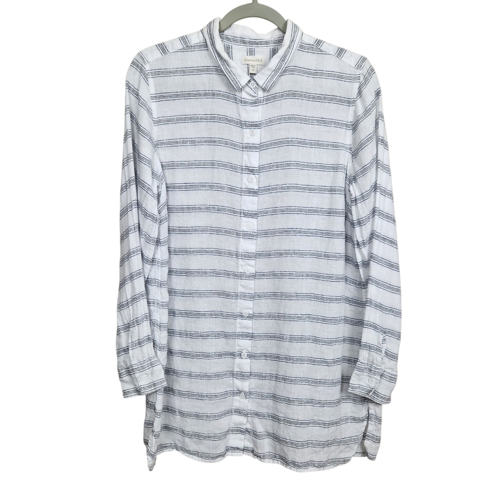 Garnet Hill Easy Linen Tunic Shirt Striped Button Down Womens Size Medium